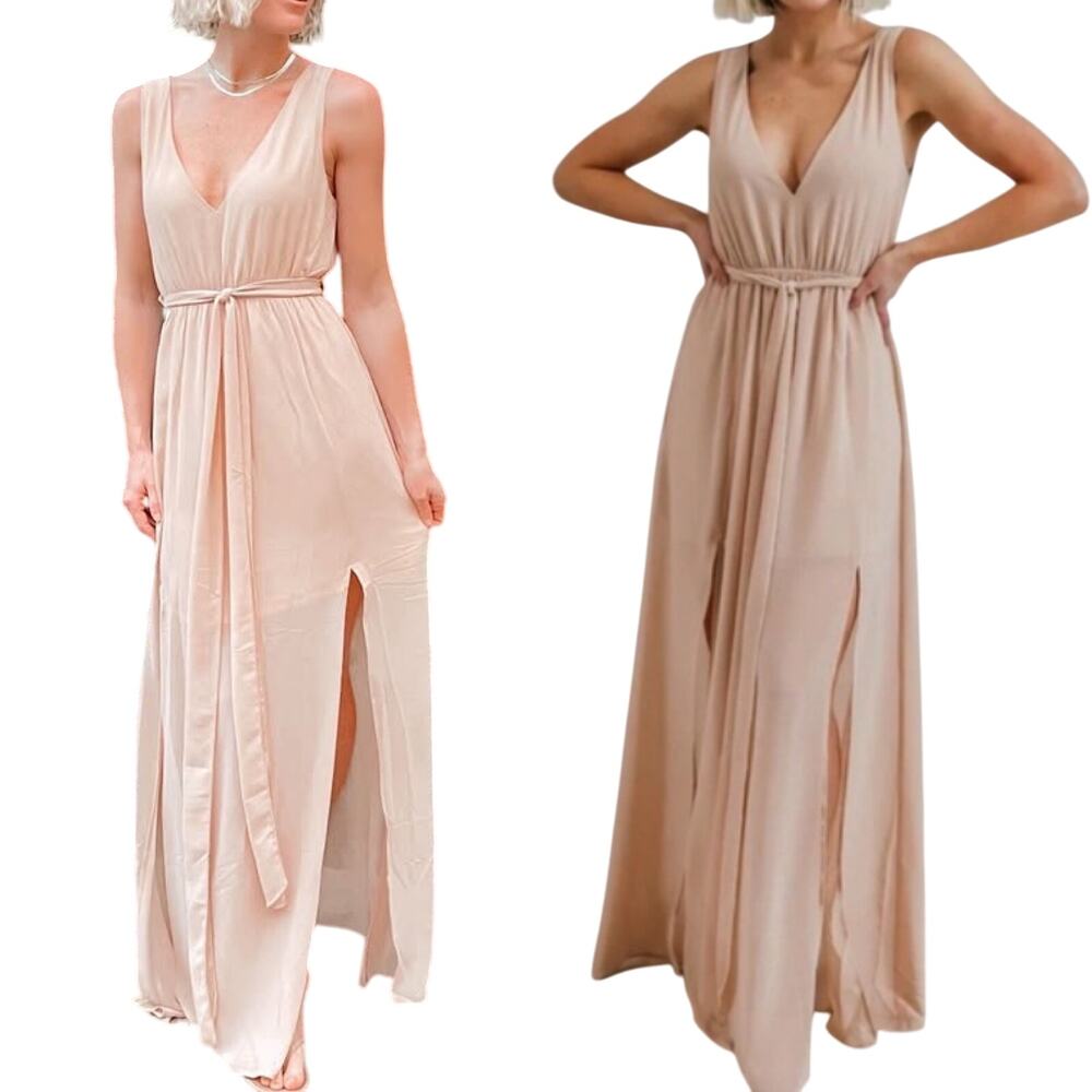Baltic Born Hera Natural Gown Cinched Waist Illusion Hem Maxi Beige NEW Womens M